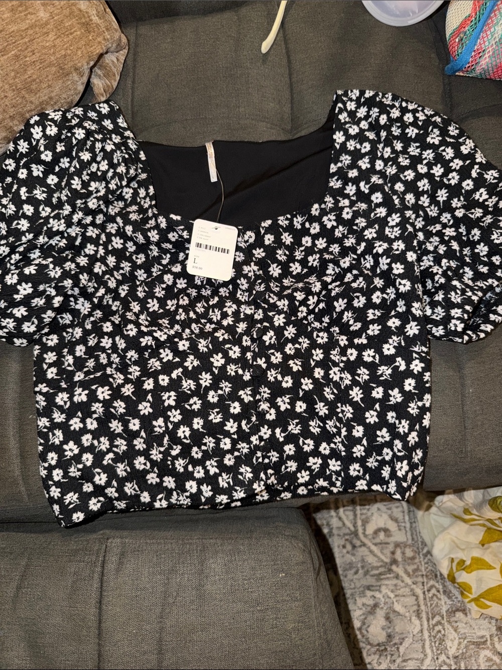 Free People Black Floral Square-Neck Puff Sleeve Crop Top